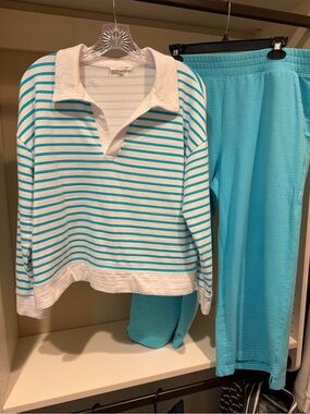 Talbots Aqua and White Striped Polo and Aqua Pants